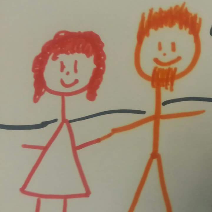 A childlike stick-figure drawing by Kat showing a red-haired woman and an orange-haired, bearded man holding hands.