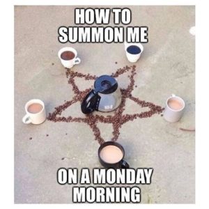 how to summon me on a monday morning picture of a pentagram with coffee cups on the points