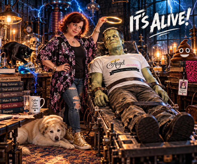 A woman holds a glowing halo above a friendly Frankenstein monster in a laboratory, while a cream-colored dog rests at her feet and a black cat spills a beaker.