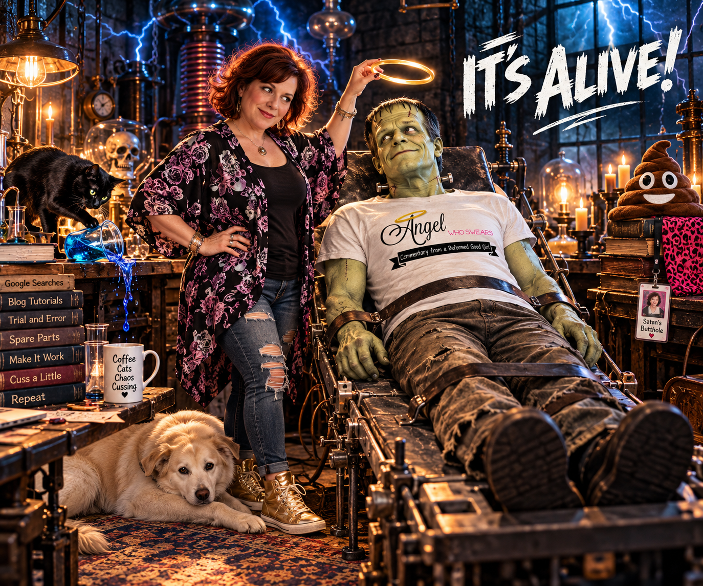 A woman holds a glowing halo above a friendly Frankenstein monster in a laboratory, while a cream-colored dog rests at her feet and a black cat spills a beaker.
