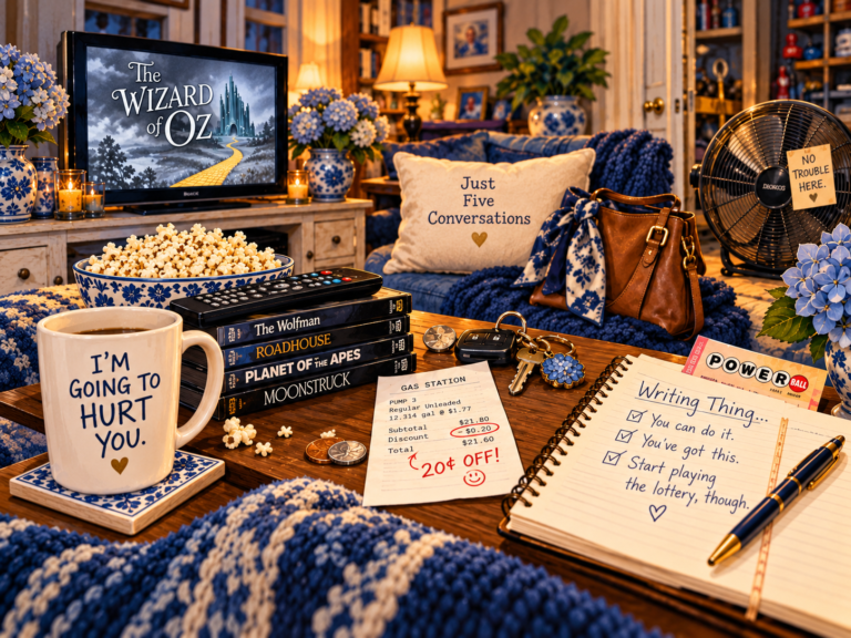 Whimsical living room scene with movie memorabilia, a gas receipt showing a twenty-cent discount, car keys, a garage fan, and a writing notebook beside a lottery ticket.