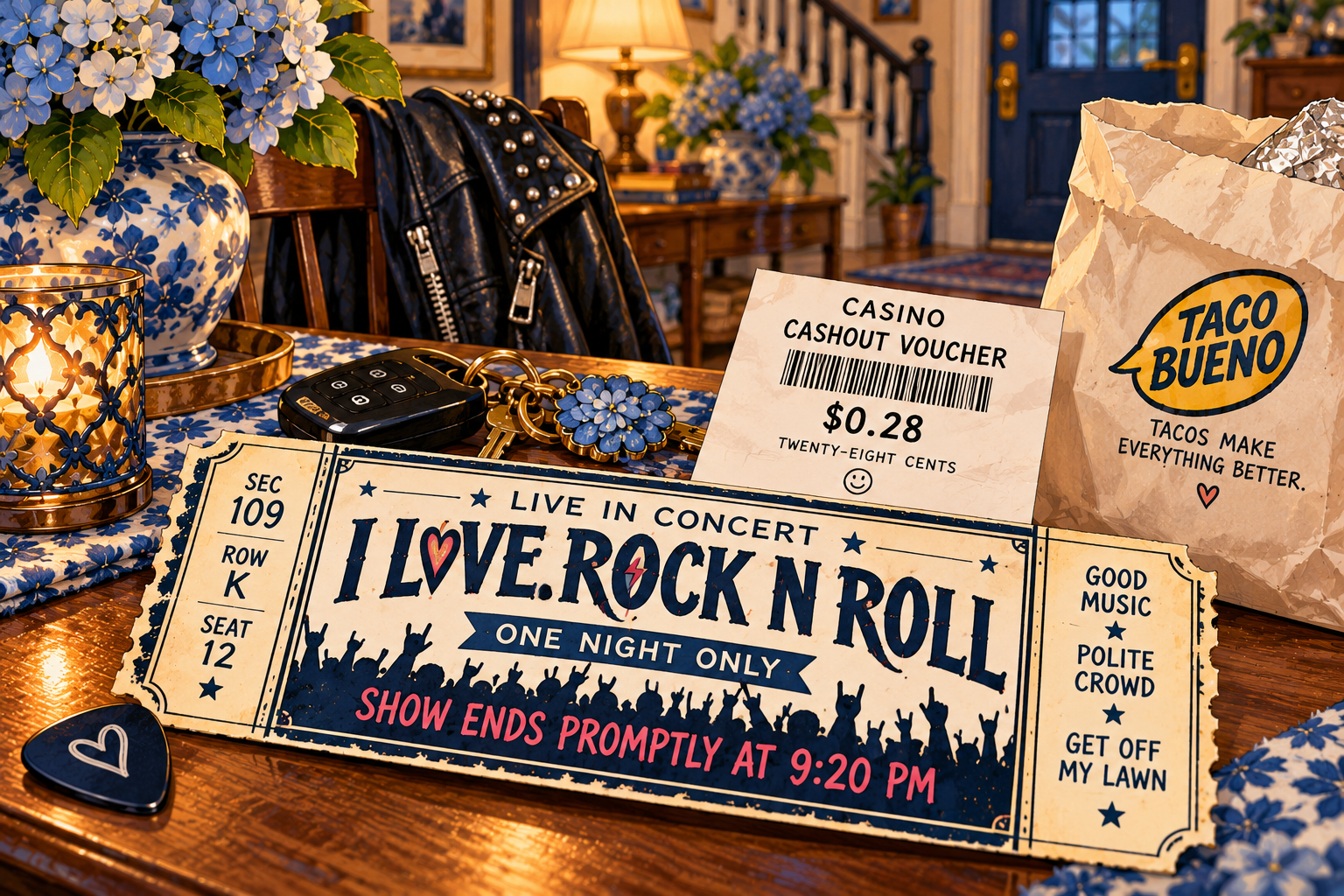 Whimsical illustration of a concert ticket reading “Show ends promptly at 9:20 PM” on an entryway table beside a 28-cent casino voucher and Taco Bueno bag, with a black leather jacket draped over a chair.