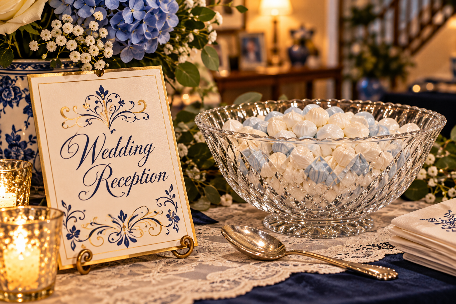Crystal bowl filled with white and pale blue wedding mints beside an elegant wedding reception sign, surrounded by blue hydrangeas and candlelight.