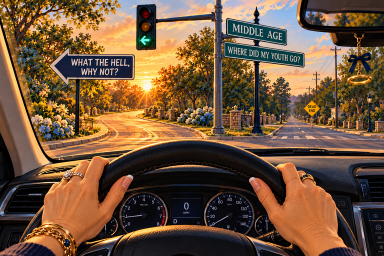 Whimsical driver's-eye view of an intersection at sunset, with a green left-turn arrow, street signs reading “Middle Age” and “Where Did My Youth Go?”, and a sign pointing left toward “What the Hell, Why Not?”