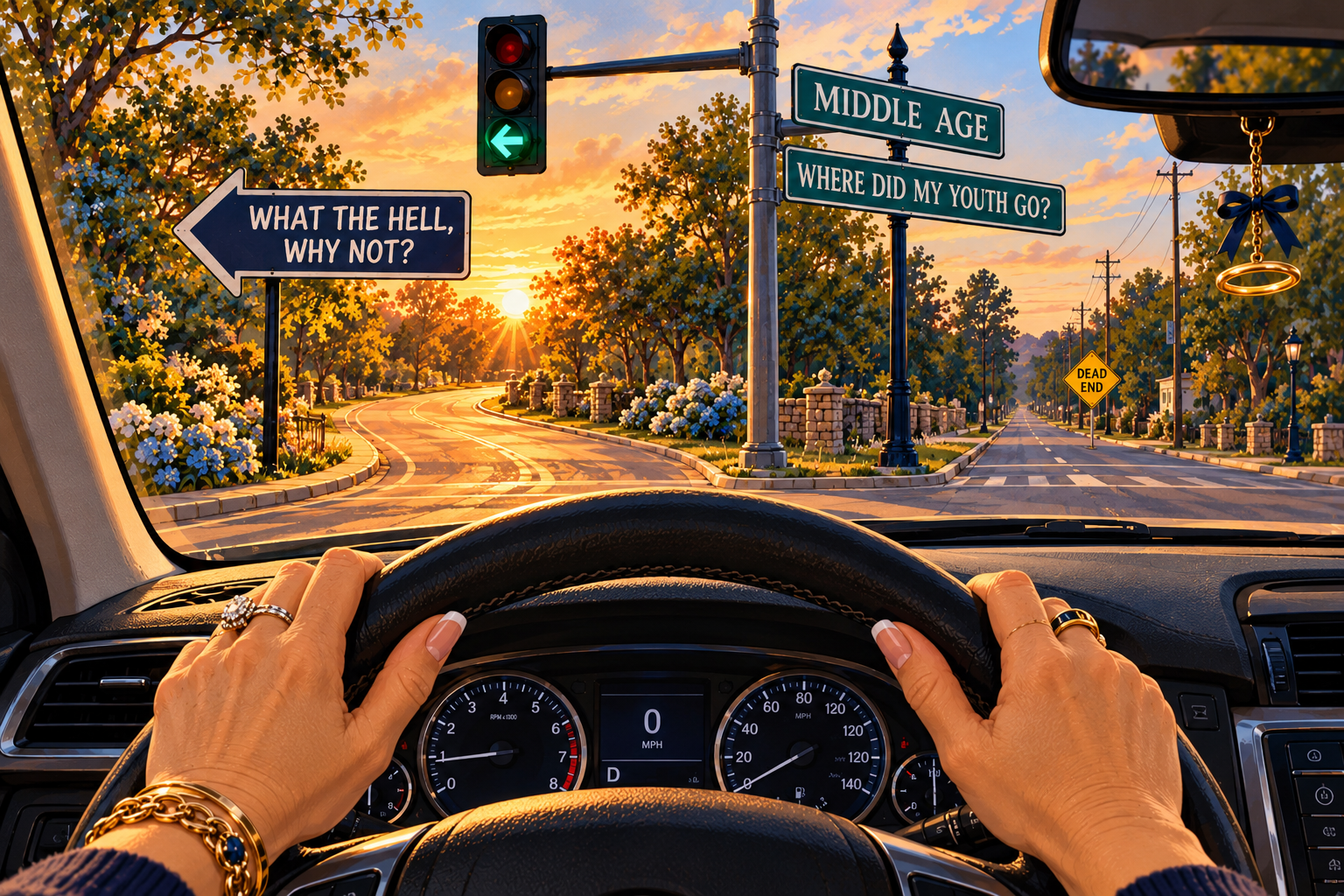 Whimsical driver's-eye view of an intersection at sunset, with a green left-turn arrow, street signs reading “Middle Age” and “Where Did My Youth Go?”, and a sign pointing left toward “What the Hell, Why Not?”