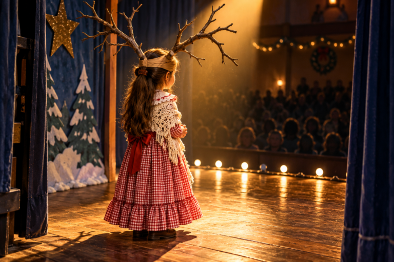 Young girl in a red-and-white gingham prairie dress and white crocheted shawl stands under a spotlight at a school Christmas pageant, wearing enormous tree branches strapped to her head as reindeer antlers.