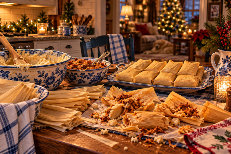 Christmas tamale-making scene with bowls of masa and shredded pork, neatly wrapped tamales, and several torn-open tamales scattered across a kitchen table. A Christmas tree glows in the background beside a resting cream-colored dog.