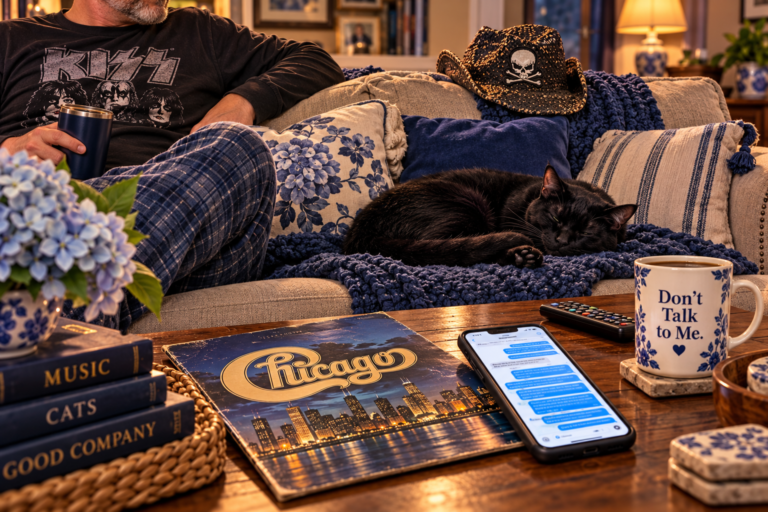 Cozy living room illustration featuring a black cat asleep beside a man in a KISS shirt, with a skull-and-crossbones cowboy hat on the sofa. A Chicago album, smartphone displaying a long text conversation, and a “Don't Talk to Me” coffee mug sit on the table.
