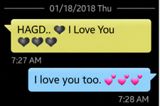 Text exchange showing The Husband Dude saying “HAGD” and “I Love You” with black hearts, followed by Kat replying “I Love you too” with pink hearts.