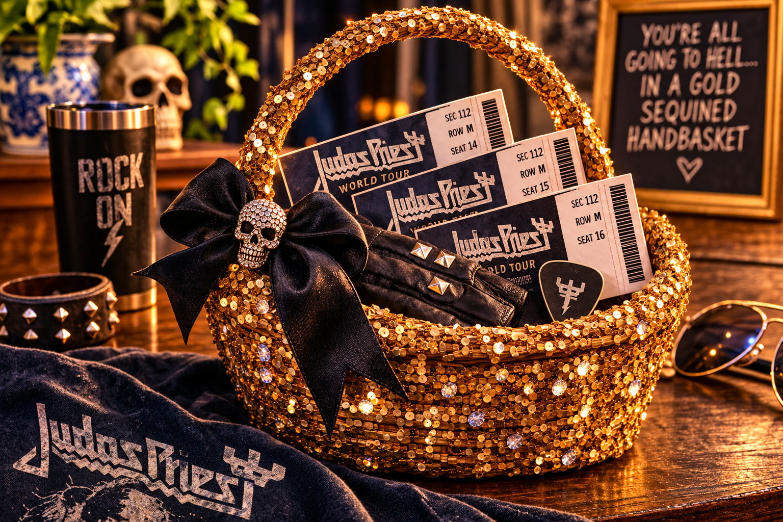 Gold-sequined handbasket filled with Judas Priest concert tickets, a studded leather glove, and a guitar pick. Rock memorabilia surrounds the basket, with a framed sign referencing going to Hell in a gold sequined handbasket.