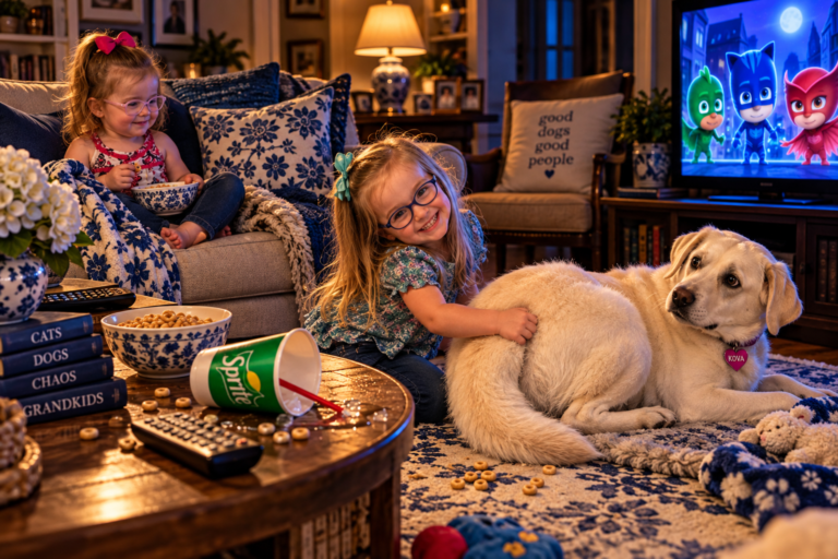 Whimsical living room illustration of two young girls wearing glasses. One scratches a cream-colored dog's rump while the other sits on the sofa eating cereal. Cheerios and a tipped-over soda cup are scattered nearby as a television glows in the dimly lit room.