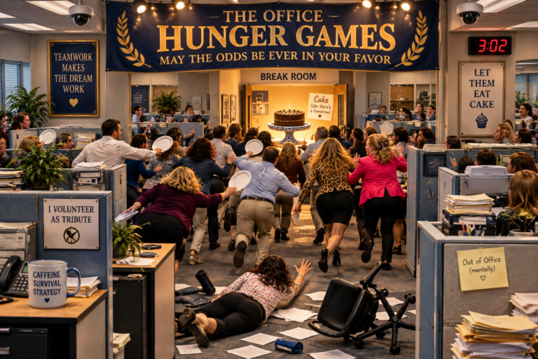 Humorous illustration of office workers stampeding through a cubicle-filled workplace toward a chocolate cake in the break room. A fallen employee reaches toward the crowd beneath an Office Hunger Games banner.