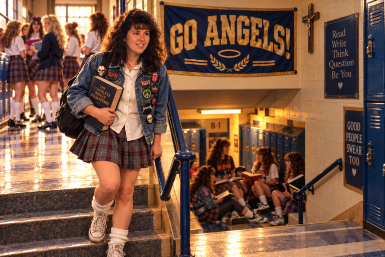 Illustration of a teenage girl in a plaid Catholic school uniform, band-button-covered denim jacket, and sneakers carrying a Shakespeare textbook near a school stairwell. A Go Angels banner hangs overhead, with students gathered near basement lockers.