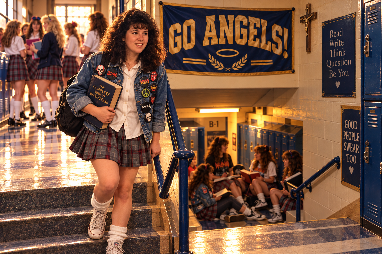 Illustration of a teenage girl in a plaid Catholic school uniform, band-button-covered denim jacket, and sneakers carrying a Shakespeare textbook near a school stairwell. A Go Angels banner hangs overhead, with students gathered near basement lockers.