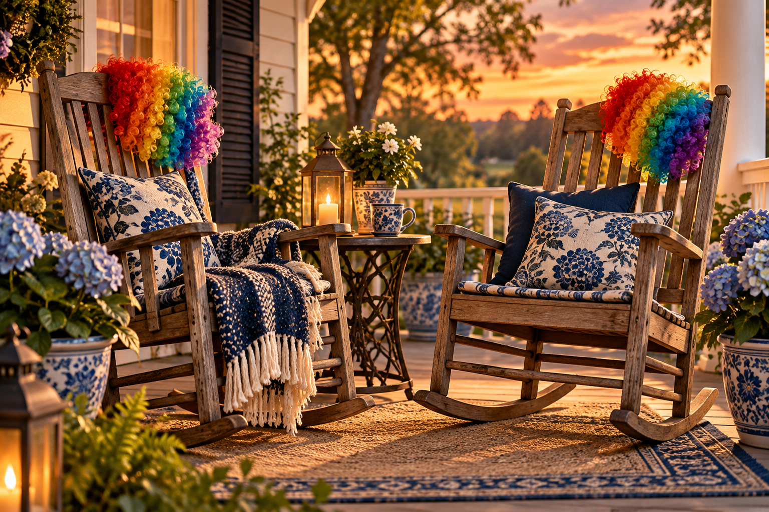 Two empty wooden rocking chairs angled toward each other on a peaceful front porch at sunset, each draped with a brightly colored rainbow clown wig. Muted blue-and-white cushions, hydrangeas, and warm evening light create a quiet scene of friendship and remembrance.