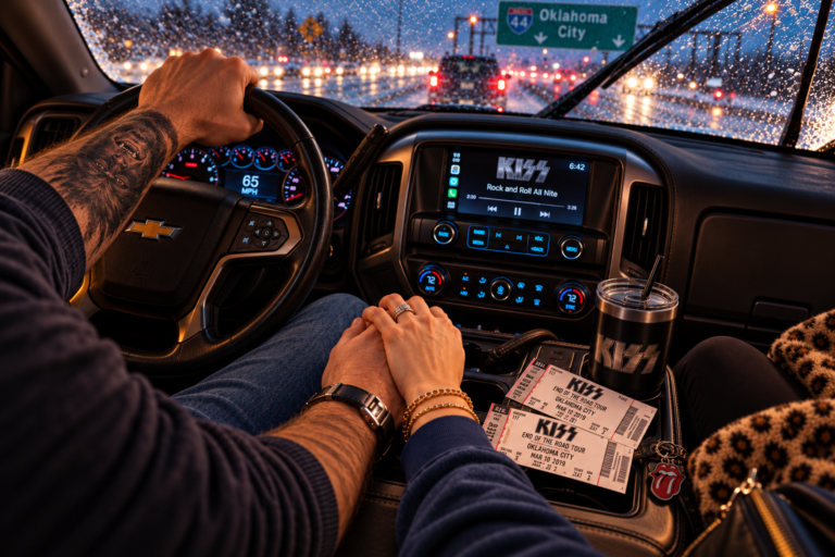 Interior view of a Chevrolet traveling along a snowy Oklahoma highway at dusk. A couple holds hands across the center console while KISS plays on the dashboard. Three End of the Road concert tickets rest beside a KISS tumbler, and a detailed Wolfman tattoo covers the driver's forearm.