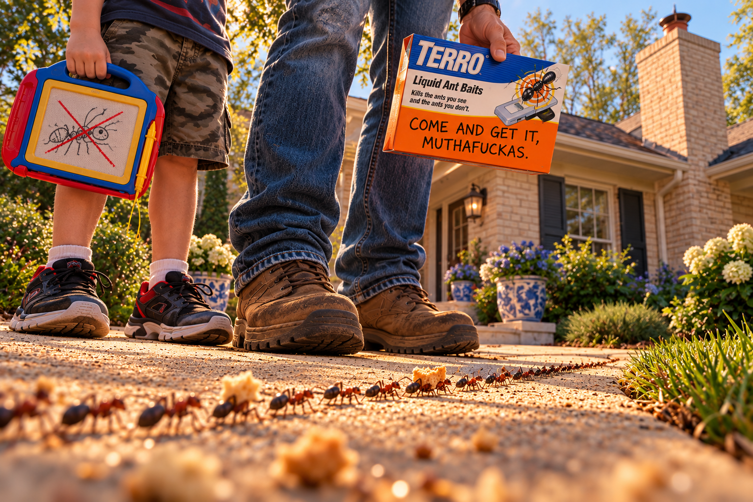 Humorous ground-level illustration of ants marching across a sidewalk outside a light-brick suburban home. Only the legs and hands of a father and young son are visible. The boy holds a Magna Doodle showing a crossed-out ant, while the father holds a box of Terro ant bait labeled “Come and Get It, Muthafuckas.”