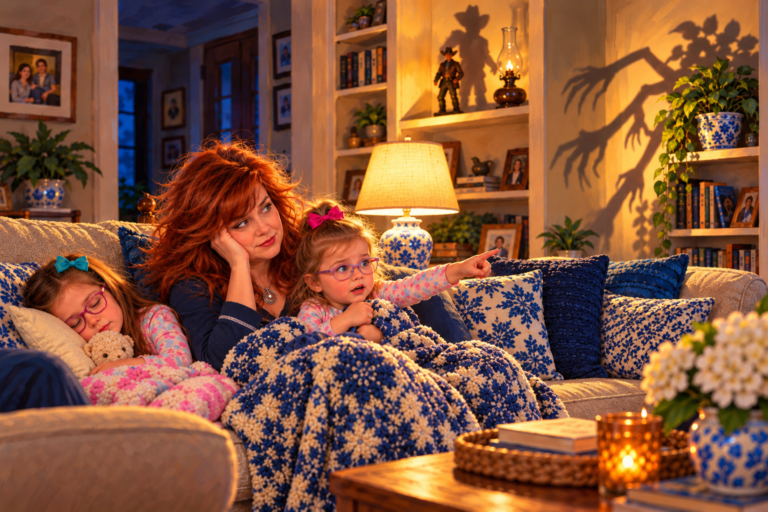 Whimsical, softly painted illustration of a red-haired grandmother looking exhausted on a living room sofa while her frightened three-year-old granddaughter points toward monstrous shadows cast by an artificial plant. Her older granddaughter sleeps peacefully beside them. Warm lamplight illuminates blue-and-white pillows, a crocheted blanket, family photographs, and a small cowboy figurine beside an antique kerosene lamp.