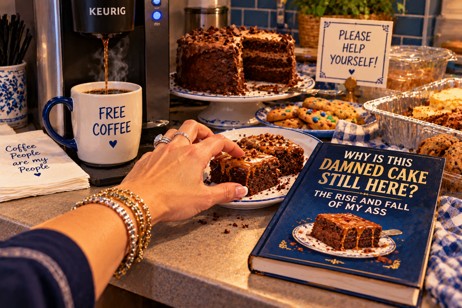 Humorous illustration of an office break room counter covered with leftover cake, cookies, and caramel brownies. A woman's French-manicured hand reaches for a brownie beside a commercial Keurig brewing free coffee. A navy-and-gold hardcover book reads “Why Is This Damned Cake Still Here? The Rise and Fall of My Ass.”