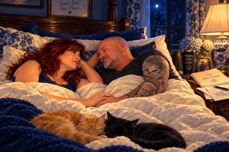 Painterly illustration of a red-haired woman and her husband holding hands in bed, with two sleeping cats and plans for their new house on the nightstand.