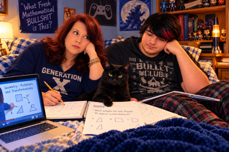 A red-haired mother and her teenage son struggle through geometry homework on the couch while their black cat, Luna, sprawls across the worksheets. Both look thoroughly unimpressed with mathematics.