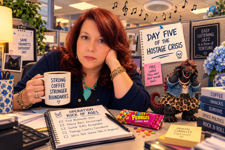 A red-haired woman sits in her office cubicle holding a coffee mug, looking thoroughly unimpressed by the elevator music playing overhead. A sign reads “Day Five of the Hostage Crisis,” while a dressed-up dinosaur named Lillibeth Scales stands on her desk among humorous office survival supplies.