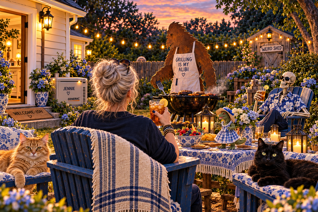Kat and her eccentric household gather for a backyard cookout at sunset, with Bigfoot grilling, Benson relaxing, Lillibeth at the table, and Lucy and Luna lounging nearby.