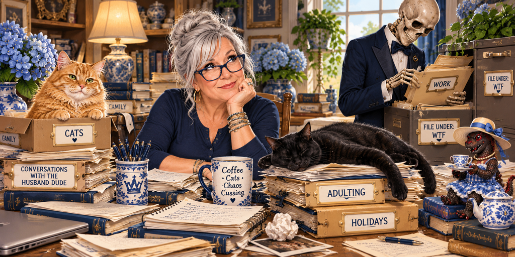 Kat searches through the Angel Who Swears archives with Lucy, Luna, Lillibeth Scales, and Benson surrounded by stacks of stories and files.