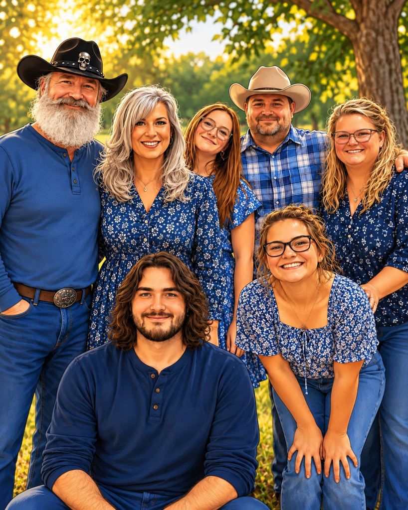 Illustrated family portrait of the Angel Who Swears family, gathered outdoors in coordinated blue clothing.