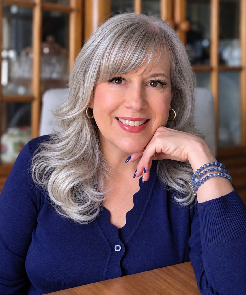 Kat, author of Angel Who Swears, smiling at the camera with layered silver hair, wearing a navy blue cardigan and resting her chin on her hand.