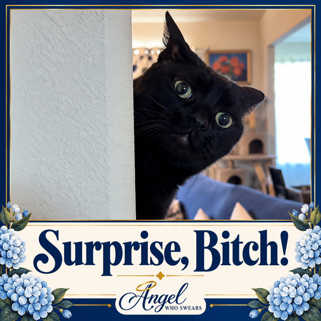 Luna, a black cat with wide green eyes, peeks around a corner above the words “Surprise, Bitch!”