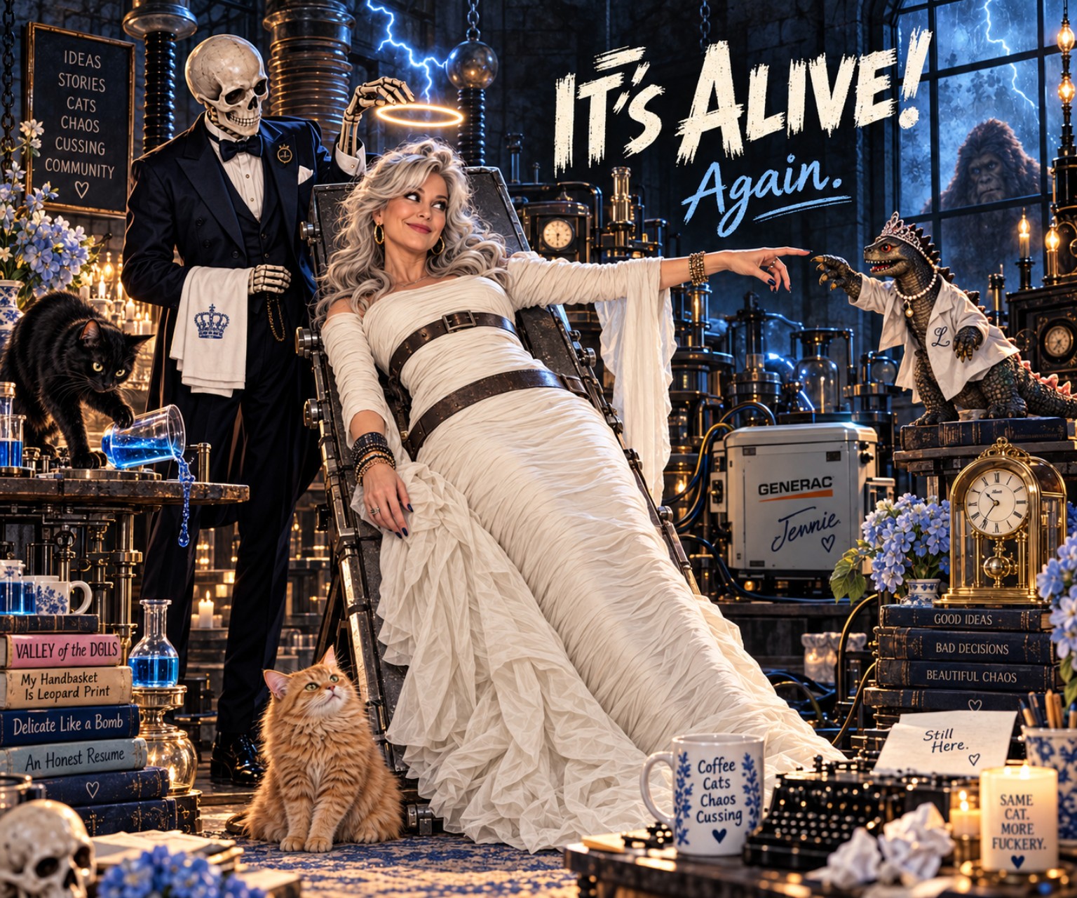 A silver-haired Kat dressed as the Bride of Frankenstein reclines in a laboratory, reaching toward Lillibeth the dinosaur. Benson the skeleton stands beside her, with Lucy, Luna, hydrangeas, and assorted Angel Who Swears memorabilia surrounding them.