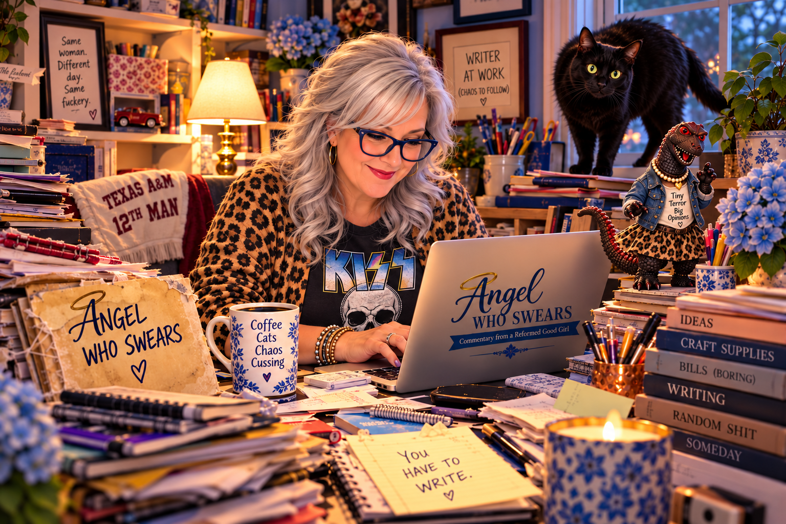 Silver-haired writer Kat Rae smiles while typing at her laptop in a cozy, cluttered home office. Her black cat Luna watches from the windowsill, while Lillibeth Scales, a dinosaur dressed in a denim jacket and leopard-print skirt, stands among books, papers, and craft supplies. A dusty Angel Who Swears folder emerges from the clutter.